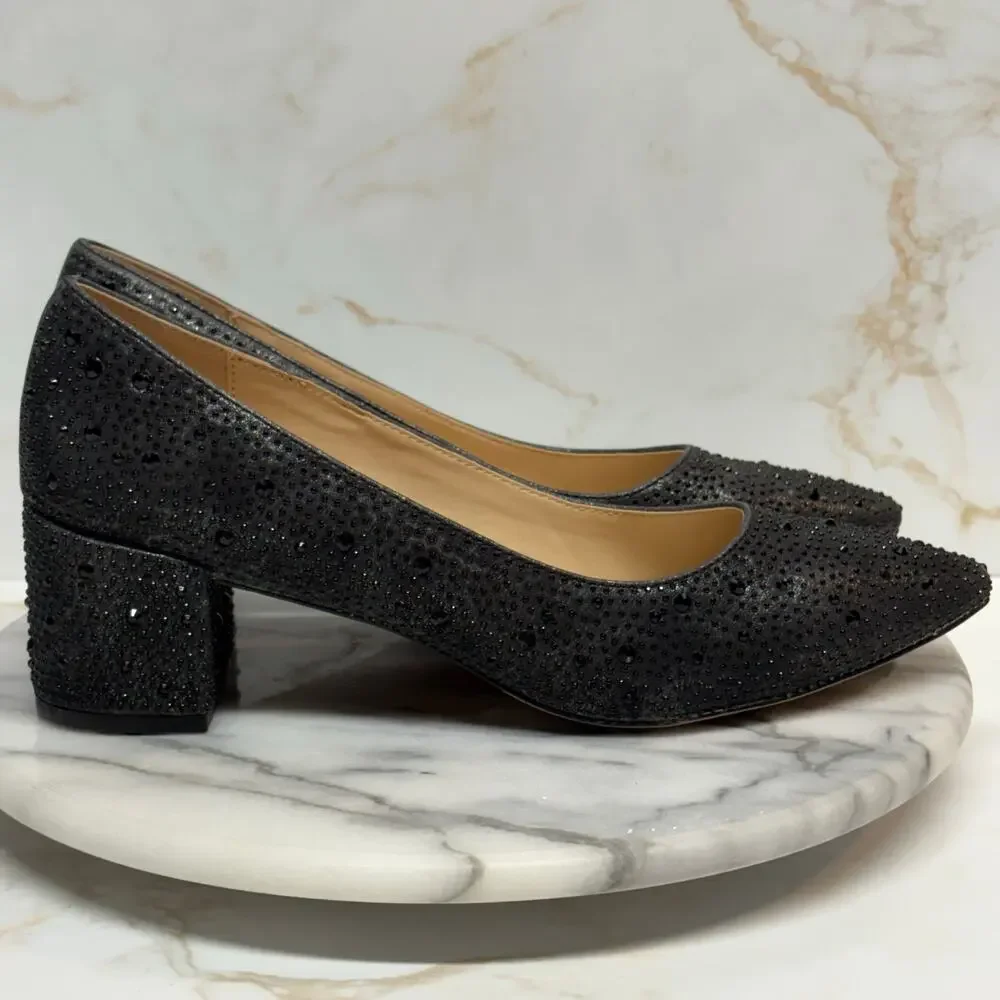 Adrienne Vittadini Fiona Pump Heels Woman 8 Black Beaded Block Heel Pointed‎ Toe